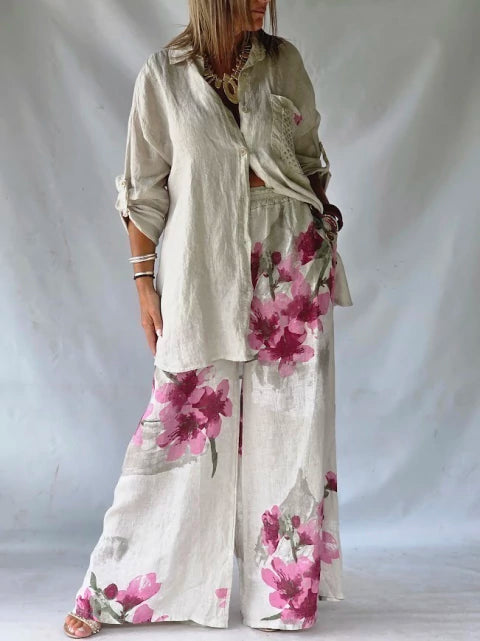 Conjunto Lino Estampado Fleurs - Blanco & Rosa