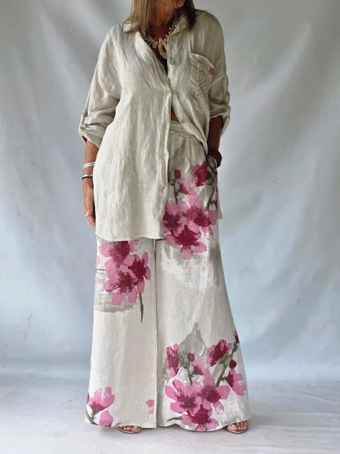 Conjunto Lino Estampado Fleurs - Blanco & Rosa