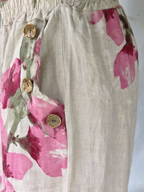 Conjunto Lino Estampado Fleurs - Blanco & Rosa