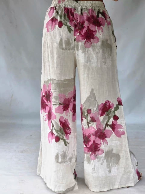 Conjunto Lino Estampado Fleurs - Blanco & Rosa