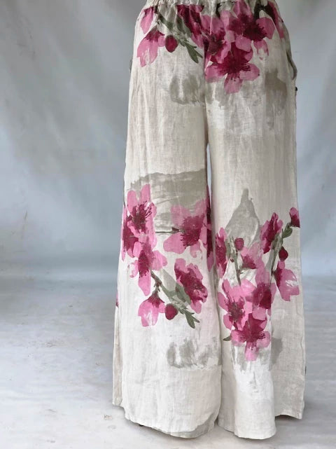 Conjunto Lino Estampado Fleurs - Blanco & Rosa