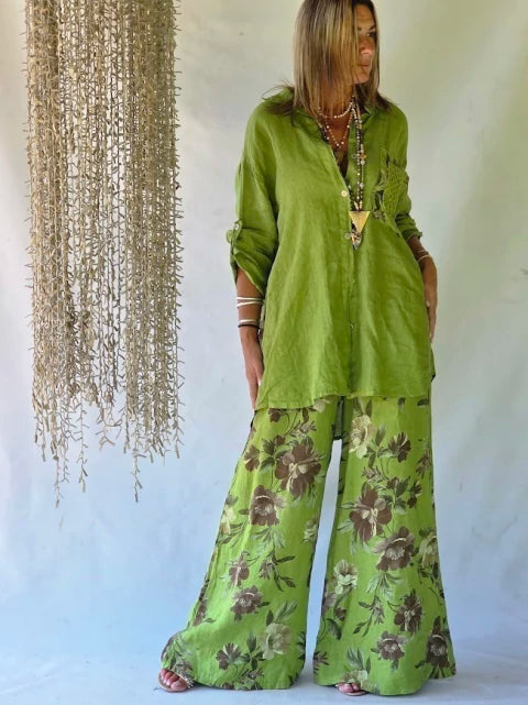 Conjunto Lino Estampado Floral - Verde Prairie