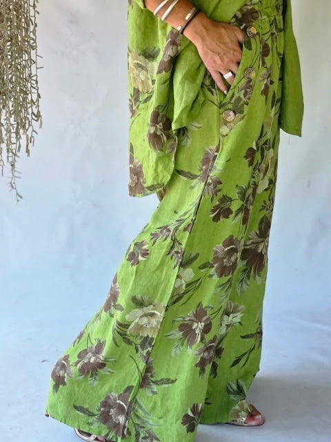 Conjunto Lino Estampado Floral - Verde Prairie