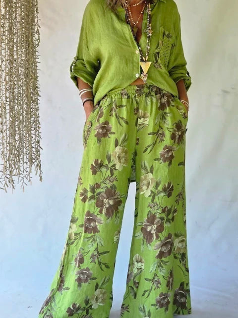 Conjunto Lino Estampado Floral - Verde Prairie