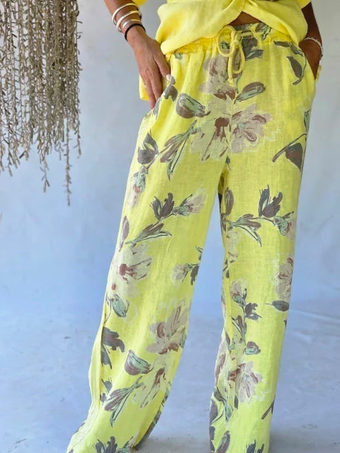 Pantalón Lino Estampado Fleurs - Jaune Soleil