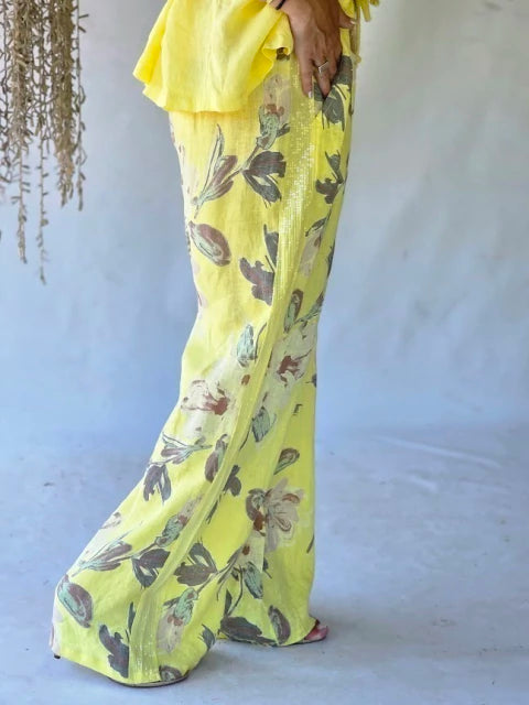 Pantalón Lino Estampado Fleurs - Jaune Soleil