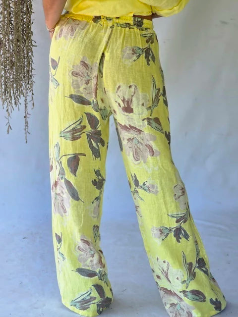 Pantalón Lino Estampado Fleurs - Jaune Soleil