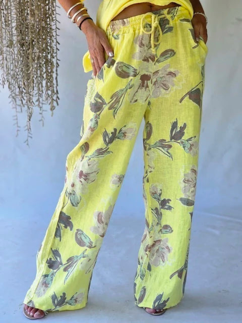 Pantalón Lino Estampado Fleurs - Jaune Soleil