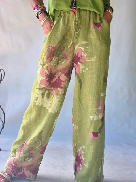 Pantalón Lino Estampado Fleurs - Verde Olive & Rosa