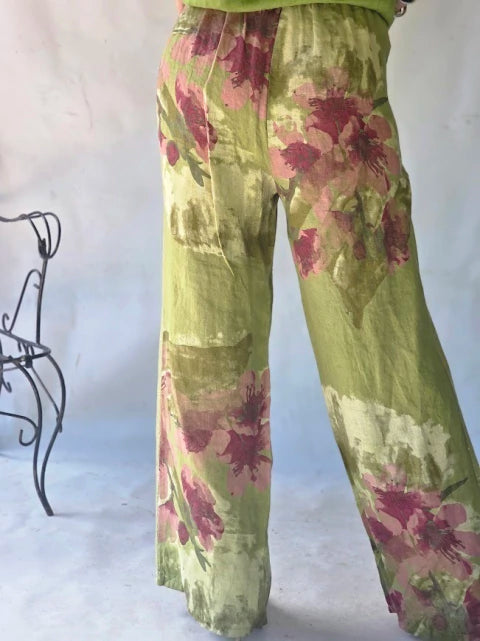 Pantalón Lino Estampado Fleurs - Verde Olive & Rosa