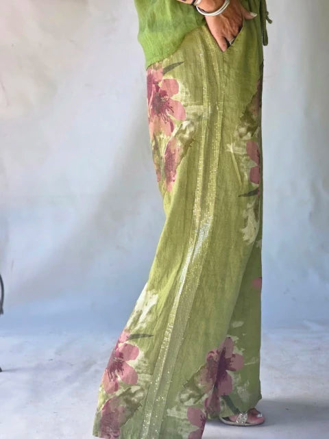 Pantalón Lino Estampado Fleurs - Verde Olive & Rosa