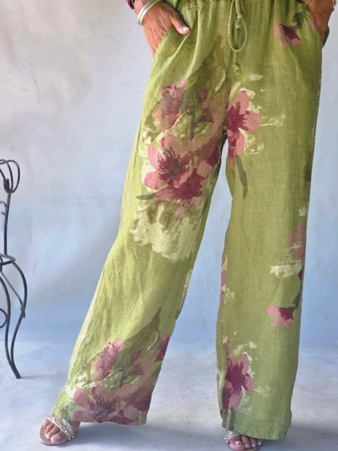 Pantalón Lino Estampado Fleurs - Verde Olive & Rosa