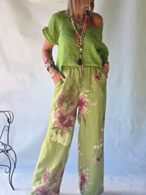 Pantalón Lino Estampado Fleurs - Verde Olive & Rosa