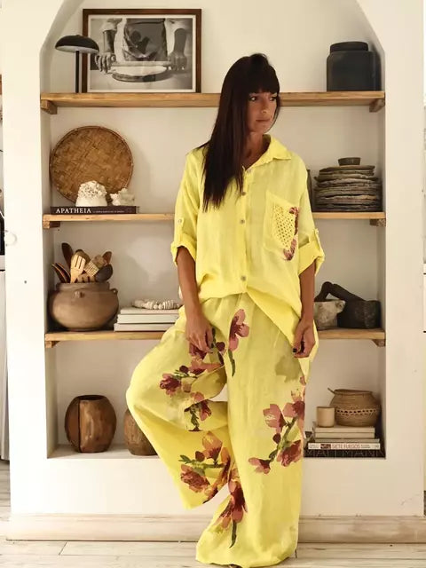 Conjunto Lino Estampado Fleurs - Jaune & Corail