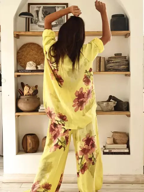 Conjunto Lino Estampado Fleurs - Jaune & Corail