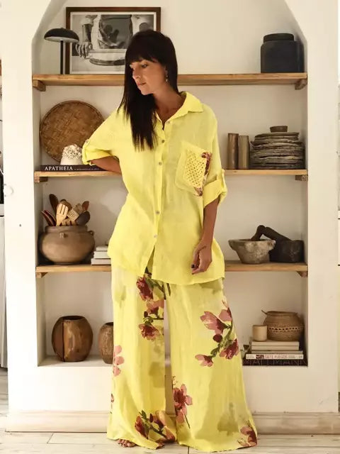 Conjunto Lino Estampado Fleurs - Jaune & Corail