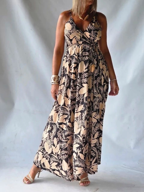 Vestido Largo Seda Feuillage - Negro & Beige