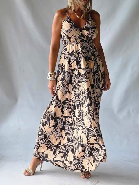 Vestido Largo Seda Feuillage - Negro & Beige