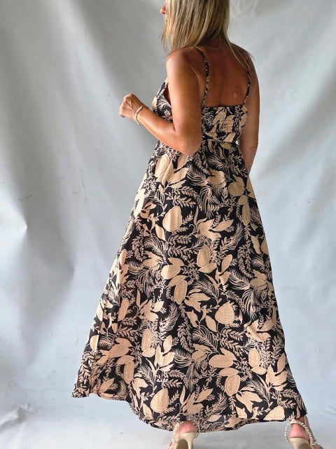 Vestido Largo Seda Feuillage - Negro & Beige