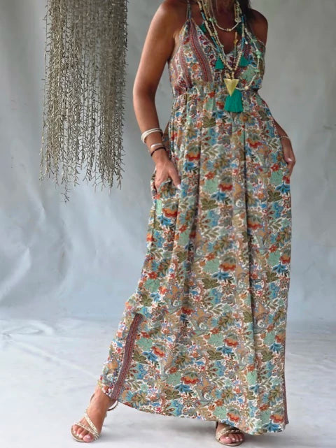 Dress Long Silk Floral - Multicolor Bohemian