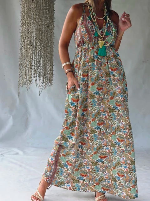 Dress Long Silk Floral - Multicolor Bohemian