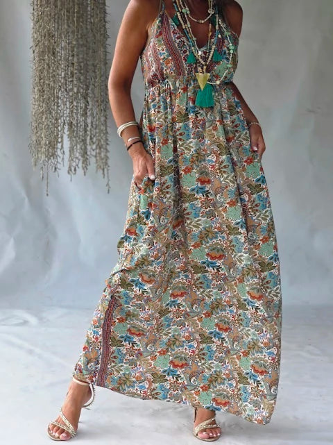Dress Long Silk Floral - Multicolor Bohemian