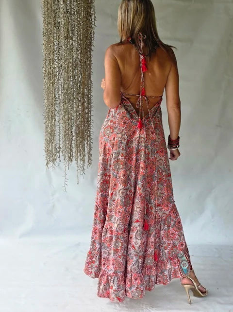 Dress Long Silk Ruffled - Corail Bohemian