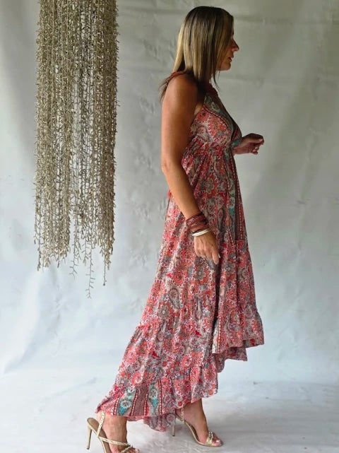 Dress Long Silk Ruffled - Corail Bohemian