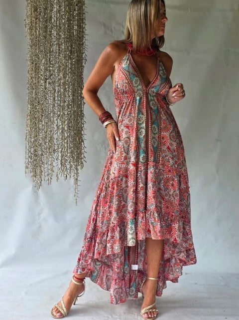 Dress Long Silk Ruffled - Corail Bohemian