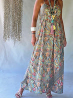 Vestido Largo Seda Paisley - Pastel Dorado