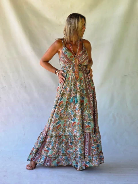 Vestido Largo Seda Bohemio - Multicolor Terracotta