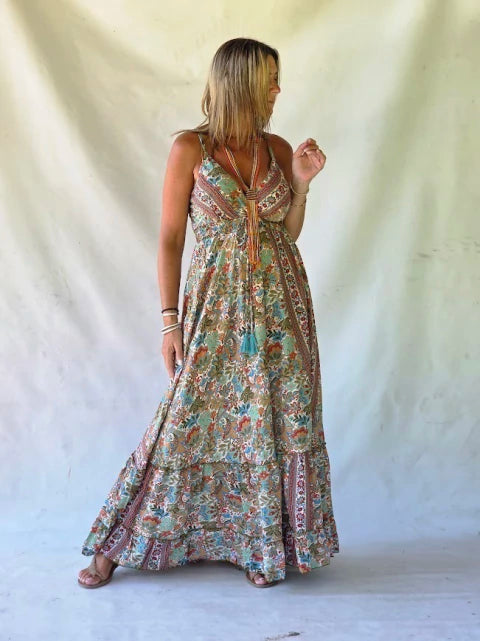 Vestido Largo Seda Bohemio - Multicolor Terracotta