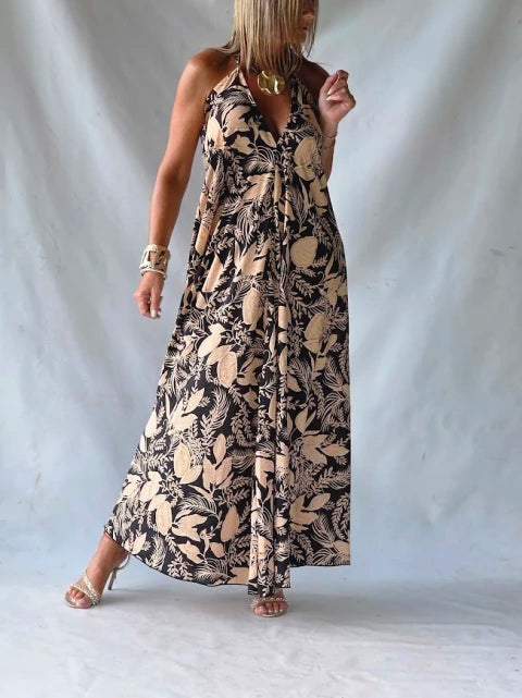 Vestido Largo Seda Feuillage - Negro & Dorado