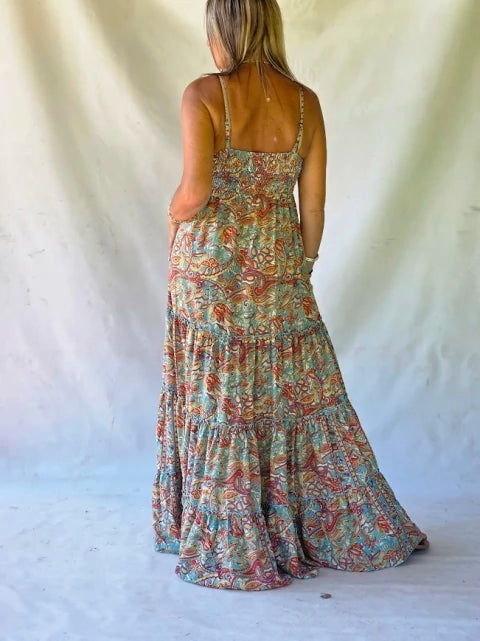 Vestido Largo Seda Paisley - Caramel & Turquoise