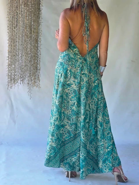 Vestido Largo Seda Col V Plongeant - Turquoise Jade