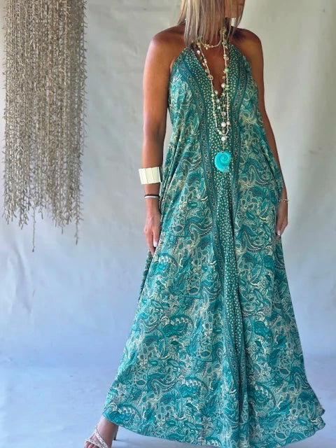 Vestido Largo Seda Col V Plongeant - Turquoise Jade
