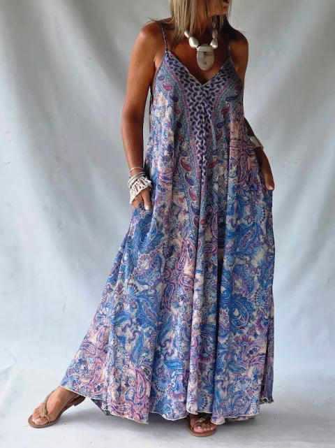 Vestido Largo Seda Paisley - Azul Lavande & Rosa