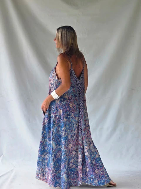 Vestido Largo Seda Paisley - Azul Lavande & Rosa