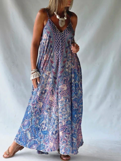 Vestido Largo Seda Paisley - Azul Lavande & Rosa