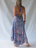 Vestido Largo Seda Volantes - Azul Parme & Lilas