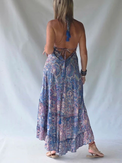 Dress Long Silk Ruffled - Blue Parme & Lilas