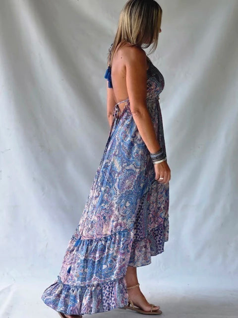 Dress Long Silk Ruffled - Blue Parme & Lilas