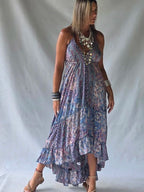 Vestido Largo Seda Volantes - Azul Parme & Lilas