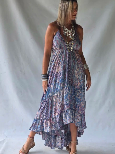 Dress Long Silk Ruffled - Blue Parme & Lilas