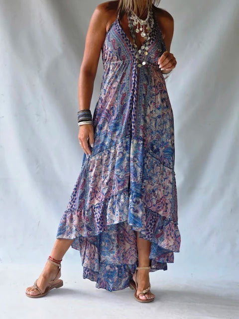 Dress Long Silk Ruffled - Blue Parme & Lilas