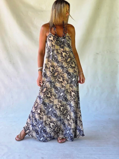 Dress Long Silk Printed - Beige Sauvage