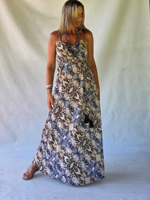 Dress Long Silk Printed - Beige Sauvage