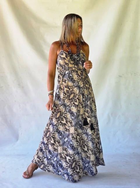 Dress Long Silk Printed - Beige Sauvage