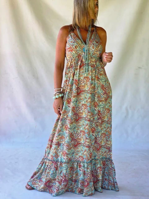 Dress Long Silk Paisley - Menthe & Terracotta