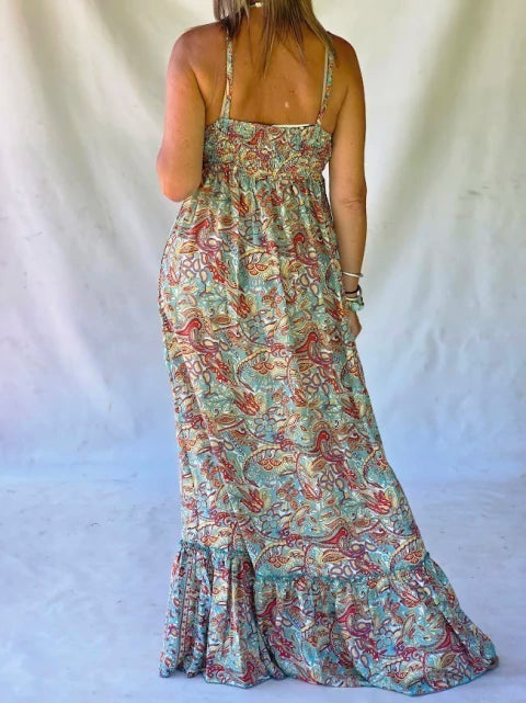 Dress Long Silk Paisley - Menthe & Terracotta
